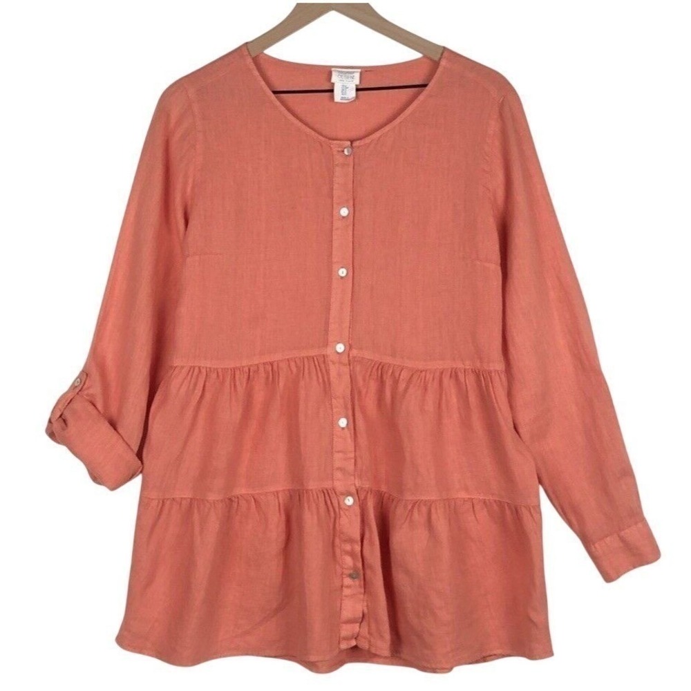 SIGRID OLSEN 100% Linen Tiered Top Sz S Coral Orange Roll Tab Button Lagenlook